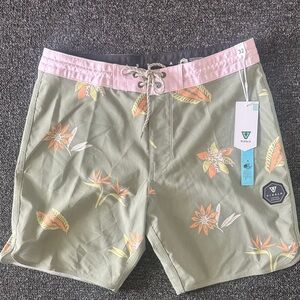 VISSLA Olive and Pink Floral Boardshorts